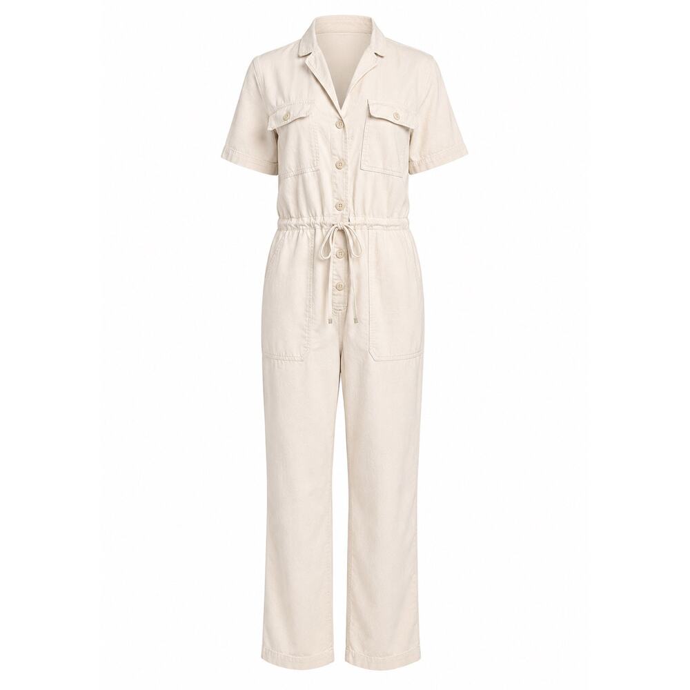 GAP Cream Utility Jumpsuit Drawstring Waist Short Sleeve Button Front Size 6